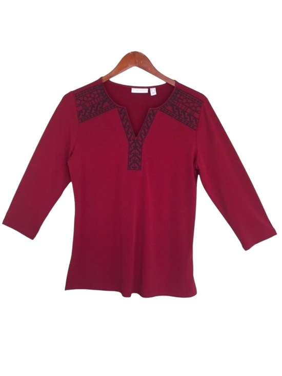 Susan Graver Tops - Susan Graver Red Embroidered V-Neck 3/4 Sleeve Stretch Top